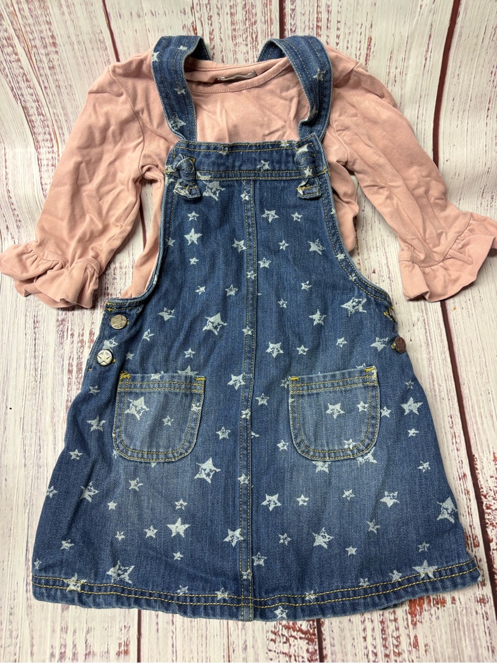 Tahari Star-Print Denim Overall Dress with Pink Top